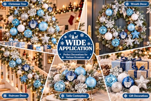 35 Piece Christmas Tree Ornaments Set Decorative Balls with Stars Bows and Reindeer Designs for Holiday Decor Blue White and Silver - image 2