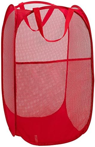 Handy Laundry Mesh Popup Hamper – Foldable Lightweight Basket for Washing – Durable Clothing Storage for Kids Room, Students College Dorm, Home, Travel & Camping – Red Pop-up Clothes Hamper