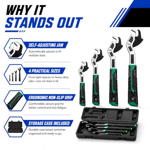 groword 4-Piece Self-Adjusting Pipe Wrench Set with Case, 6, 8, 10 and 12 Inch CR-V Steel Self-Locking Plumbing Wrenches, 0.28-1.38 Inch (7-35 mm) Jaw Capacity for Pipes, Fittings and Nuts by groword - Image 8