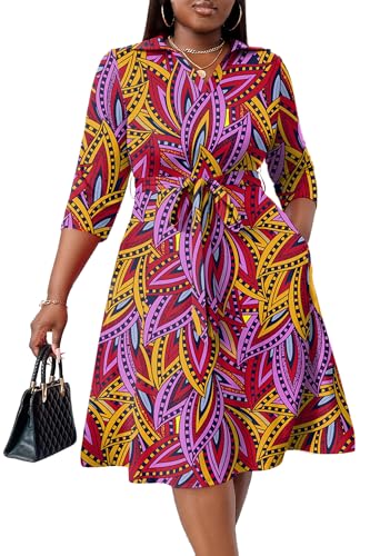 Image of FANDEE Plus Size Midi Dress for Women - Printing Summer Dresses for Wedding Guest Cocktail Party 3 /4 Sleeve V Neck(L-5XL)