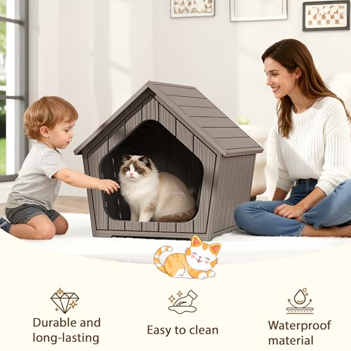 Image of Cat Litter Box Enclosure, Hidden Covered Litter Box Furniture with Air Holes, Resin Outdoor Cat House Weatherproof, Wide Opening Design for Easy Cleaning, Grey