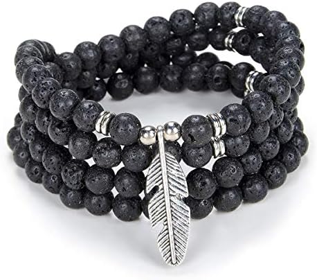 Feather Charm Zen Mala Beads Yoga Inspirational Necklace 108 Durable Self Discovery Mala Prayer Beads Wrap Bracelet