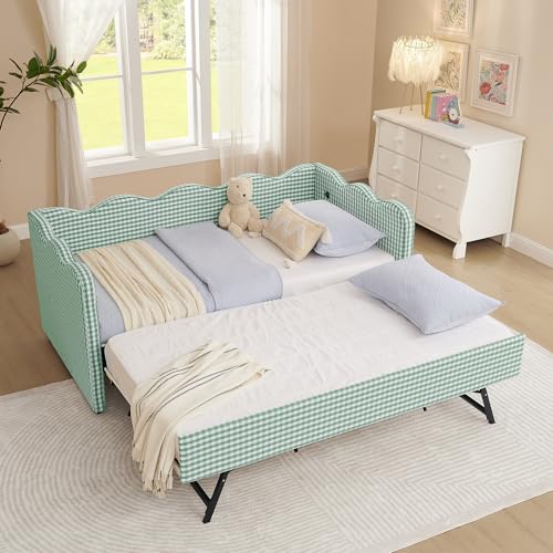 Image of KEIKI Twin Size Upholstery Gingham Daybed with Trundle and USB, Cyan