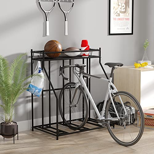DHMAKER Bike Rack Stand with Storage, 3 Bicycle Floor Parking Stand with Basket & Bat Rack, Bike Rack for Garage Storage, Hybrid, Kids Bikes, Indoor Outdoor Bike and Sports, Black
