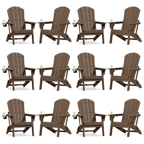 Image of Plawdlik Folding Adirondack Chair 12-piece Set, Cup Holder, Coffee | pin-free folding, 38-in tall back, Wood-grain All-weather HDPE; for fire pit, poolside, deck, backyard, patio
