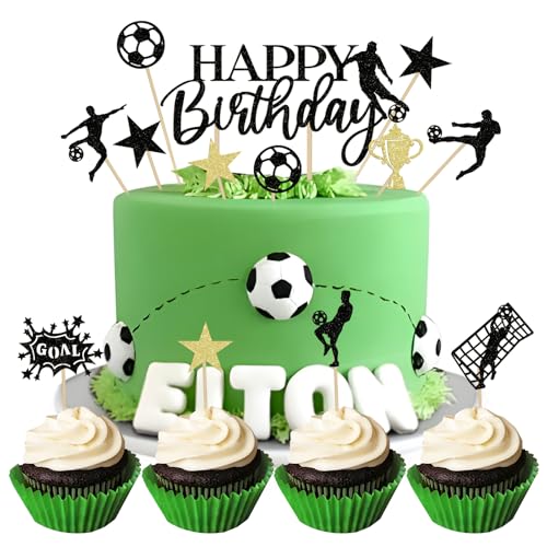 13pcs Décoration de Gâteau Football Joyeux Anniversaire Cake Cupcake Topper Foot Étoile Trophée Or Noir Gâteau Topper à Paillette Personnalisée Décoration pour Fête Thème du Football Anniversaire