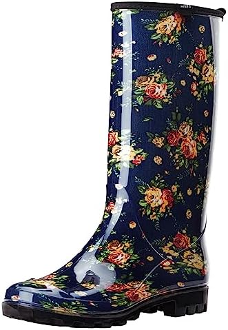 HISEA Women's Rain Boots Waterproof Garden Shoes Colorful Printed Knee High Rain Shoes Tall Wellies Rainboots for Ladies with Comfort Insole, Size 6 Flower Print Navy