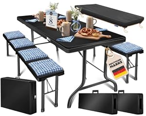 KESSER® Bierzeltgarnitur 3er Set, Klapptisch + 2X Sitzbank – Gartenmöbel Set für 8 Personen, 183x76x74cm, Bierbankgarnitur für Garten, Balkon, Camping & Party, Abdeckung & Kofferfunktion, Schwarz