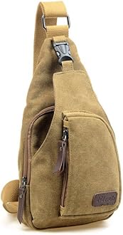 Canvas Casual Outdoor Sports Unbalance Backpack Crossbody Sling Bag Chest Bag for Men (S, Khaki)