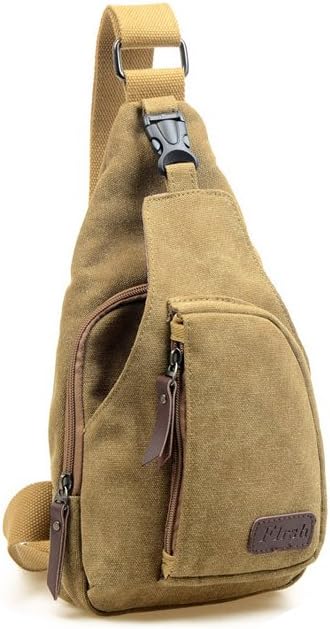Canvas Casual Outdoor Sports Unbalance Backpack Crossbody Sling Bag Chest Bag for Men (S, Khaki)