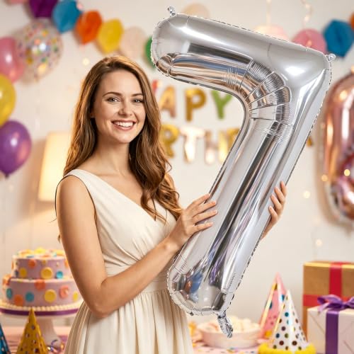 Image of Number Balloons Silver Party Balloon - Giant Number 7 Balloon, 40 Inch Large Balloon for Birthday Decorations, Silver Party Supplies for Anniversary