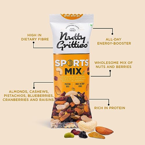 Image of Nutty Gritties Grab And Go Sports Mix | 240g (Each Pouch 40g, Pack of 6) - Roasted Almonds, Cashews, Pistachios, Dried Blueberries, Cranberries and Raisins