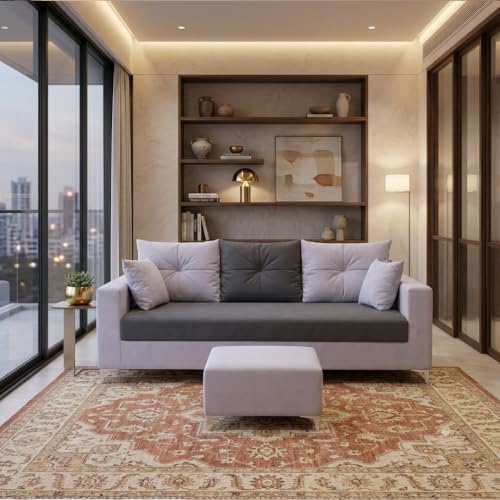 Image of Zora 4 Seater L Shape Sofa Set with Movable Ottomans | Flexible Layout | Rich Velvet Suede Fabric | Silver Legs | Dual Tone Modern Sofa for Living Room (Dark Grey-Light Grey)