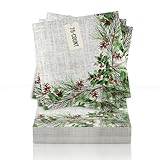 Iconikal 75-Count Disposable Paper Party Napkins Holly Sprigs 6.5x6.5-Inch Christmas Dinner Holiday Festive Berries Design Bulk Pack