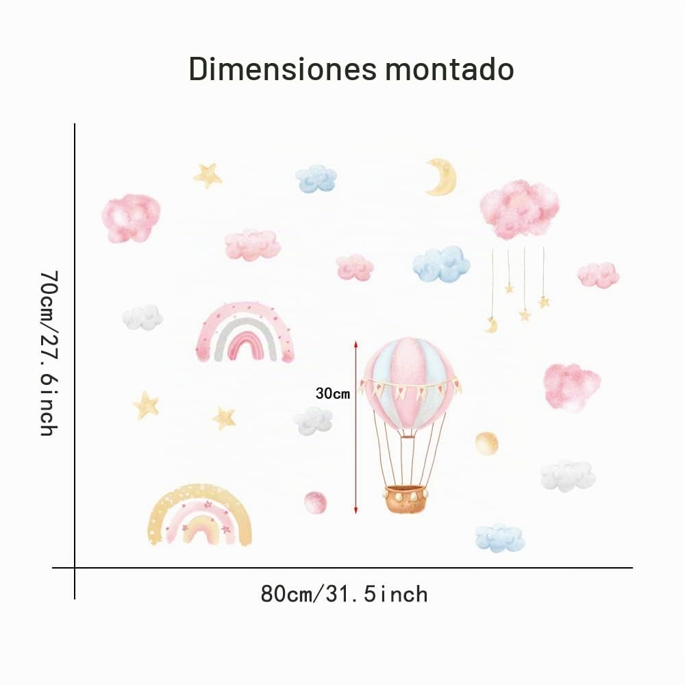 fanquare Pegatinas de Pared Arcoíris Globo Aerostático Vinilos Decorativos Rosa Nubes Luna Estrellas Acuarela Adhesivos Pared para Niños Niñas Dormitorio Sala de Estar