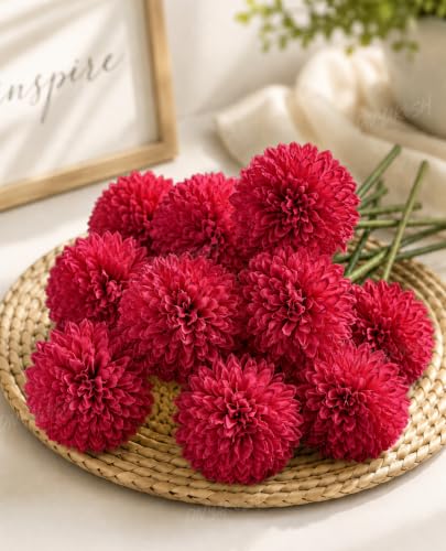 Image of Divyakosh Artificial Hydrangea Flower Sticks for Vase (Vase Not Included), Pack of 6, 3.5 Inch (8.9 cm) Large Bloom, Dark Red Artificial Flowers for Home Decor, Decorative Artificial Dahlia Flowers