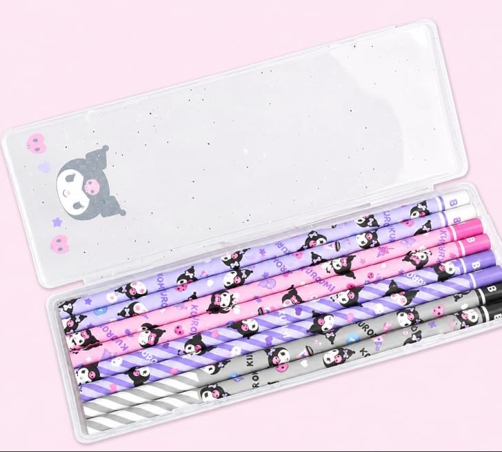 Florian Cute Kawaii Kitty Friends 8-Piece Pencil Set with Glitter Clear Case, Adorable Pink Stationery for School, Office, Gifts, and Collectors (Purple Kuromi design) image 3
