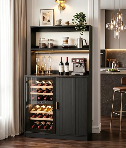 Lamtor Mini Fridge Cabinet with Hutch and Wine Glass Rack for Living Room