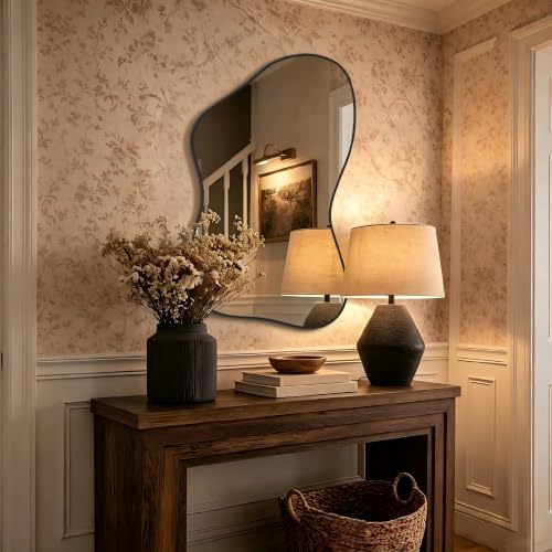PIUDOC 48"x30" Black Asymmetric Mirror, Irregular Bathroom Mirror, Abstract Wall Mirror, Irregular Mirror for Living Room, Bedroom, Entrance, Hallway