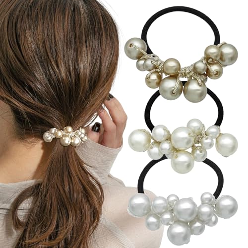 3Pcs Pearl Hair Ties Beaded Ponytail Holder Pearls Hair Scrunchies Decorative Stretchy Elastics Fancy Rubber Bands Hairbands Hair Accessories for Women Girls