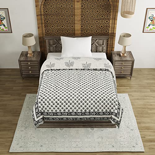Image of BLOCKS OF INDIA Cotton Single Size Quilt Hand Block Print for Light Winters (60X90 Inches) (Grey Tree, Lightweight), 300 TC