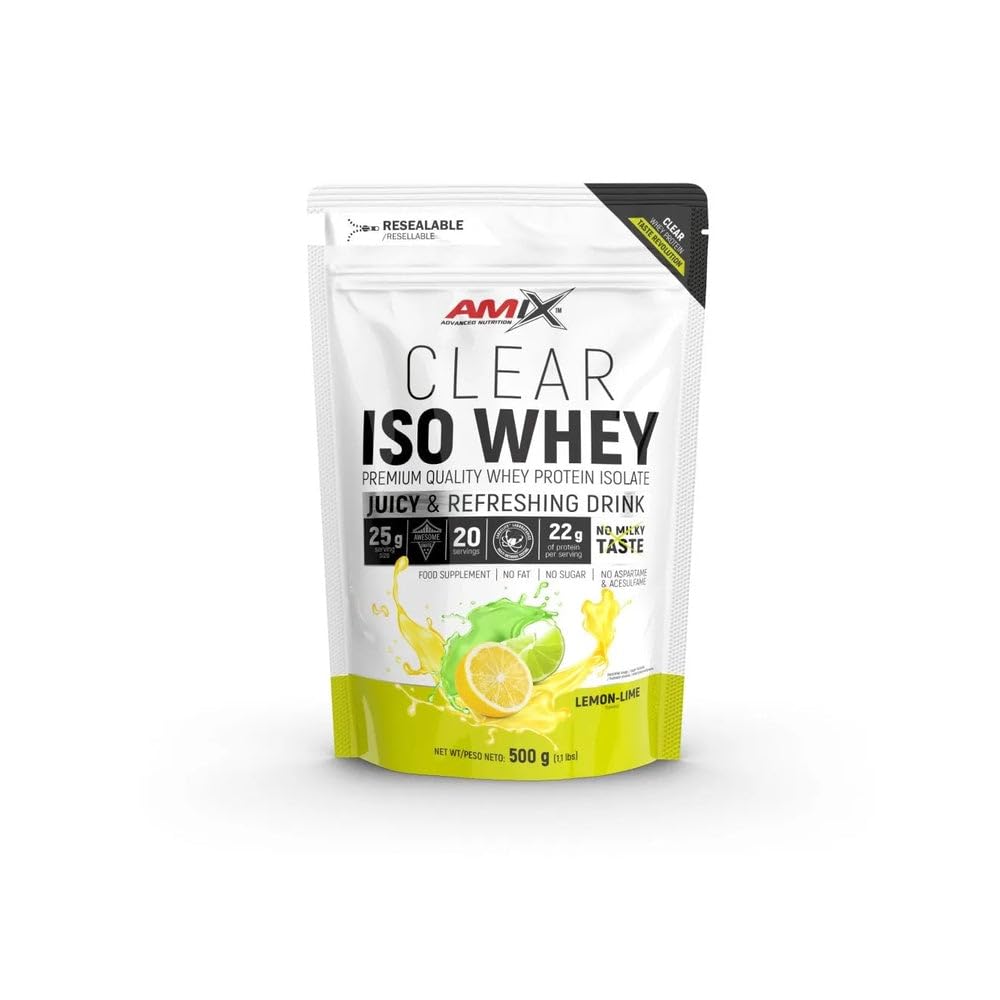 Amix Clear Iso Whey Protein 500 Gr - Aisaldo de Proteína de Suero Cristalina, Sabores Refrescantes / Promueve el aumento y mantenimiento de la masa muscular + Fácil Disolución Sabor Lima-Limón