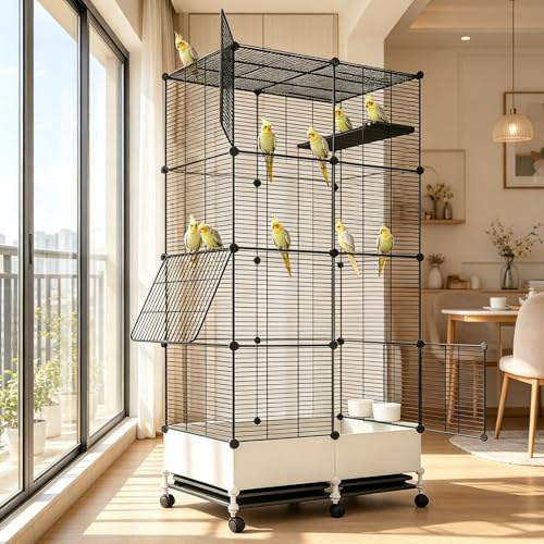 Image of Large Bird Cage, Indoor Parrot Cage with Braked Wheels, Budgie Cage wiht Feeding Bowl, Water Bowl, Gaming Platform, Easy to Move and Clean, (Black, 74L x 37W x 139H)