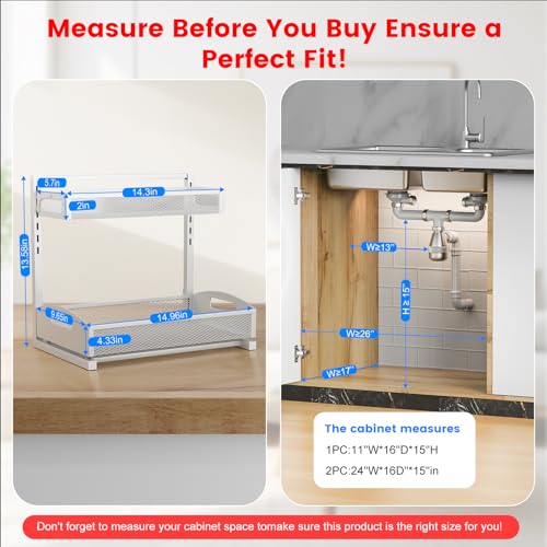 Image of Petiza Metal Under Sink Organizer, Pull Out Cabinet Organizer Rack with Silk-Smooth Bottom Drawer, 5-Level Adjustable, Multi-Purpose Storage Shelf for Bathroom, Kitchen, Vanity, Pantry (2-Pack)