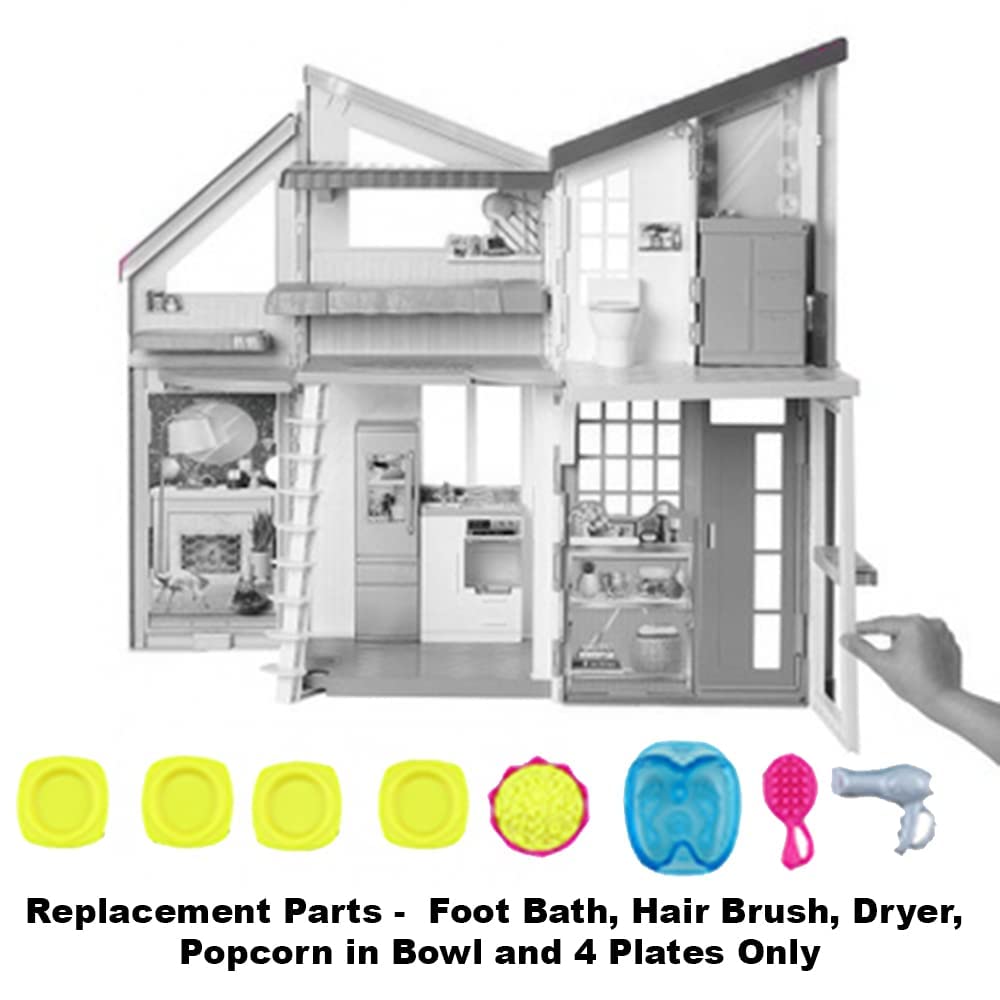 Mattel Replacement Barbie Size Foot Bath, Hair Brush and Dryer, Popcorn in Bowl and 4 Plates for Barbie Malibu Dollhouse Playset - FXG57, Yellow, Blue, Pink, Gray