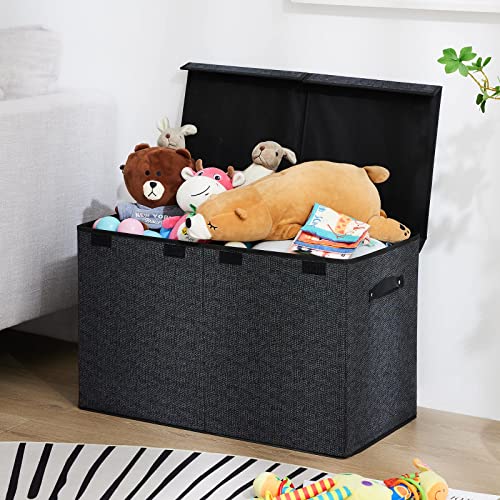 Youdenova Toy Box Chest Storage Organizer, Extra Large Kids Toy Box, Collapsible Toy Bin For Boys Girls, Toy Chest With Double Flip-Top Lid For Nursery, Playroom, Closet, 24.5''×13''×16'' (Black) #TOP3