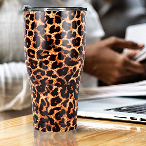 30 Oz. Tumbler Double Wall Stainless Steel Vacuum Insulation Travel Mug With Crystal Clear Lid And Straw, Water Coffee Cup For Home,Office,School, Ice Drink, Hot Beverage,Leopard,Slim #TOP4