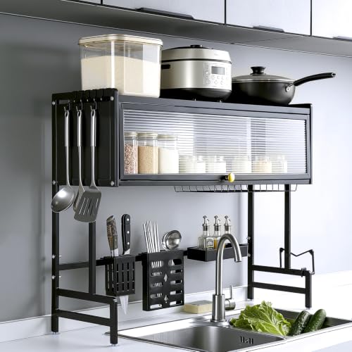 GAGBC Over the Sink Dish Drying Rack 3 Tier with Cover – Rust Resistant Over Sink Dish Rack, Space Saving Tall Drying Rack for Kitchen, Dish Rack Over Sink Holds Dishes Glasses Bowls & Cutlery