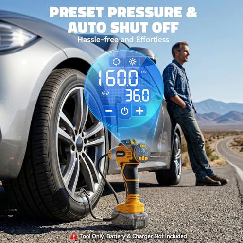 160PSI Cordless Tire Inflator Portable Air Compressor Compatible with Dewalt 20V Battery, LIVOWALNY 12Ft Cord-12V DC-Powered Air Pump with Digital Pressure Gauge, Auto Shut-Off for Car (Tool Only) by LIVOWALNY - Image 6