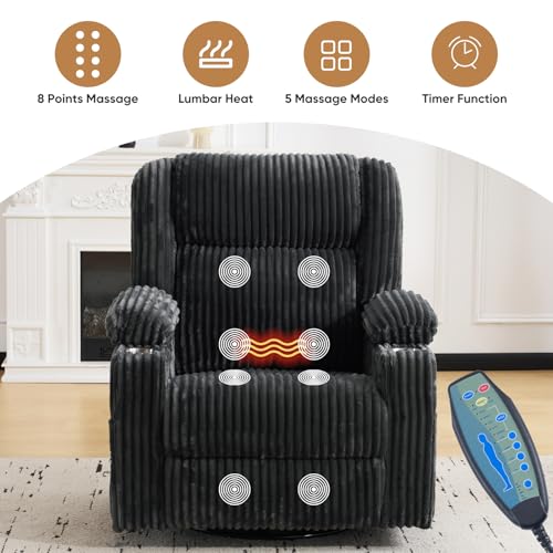 Image of Oversized Power Recliner Chair with Massage and Heat,Swivel Rocker Recliner Chair for Adults with Arm Storage,Nursery Glider Recliner with Adjustable Headrest and Side Pockets,Phone Stand,Dark Grey