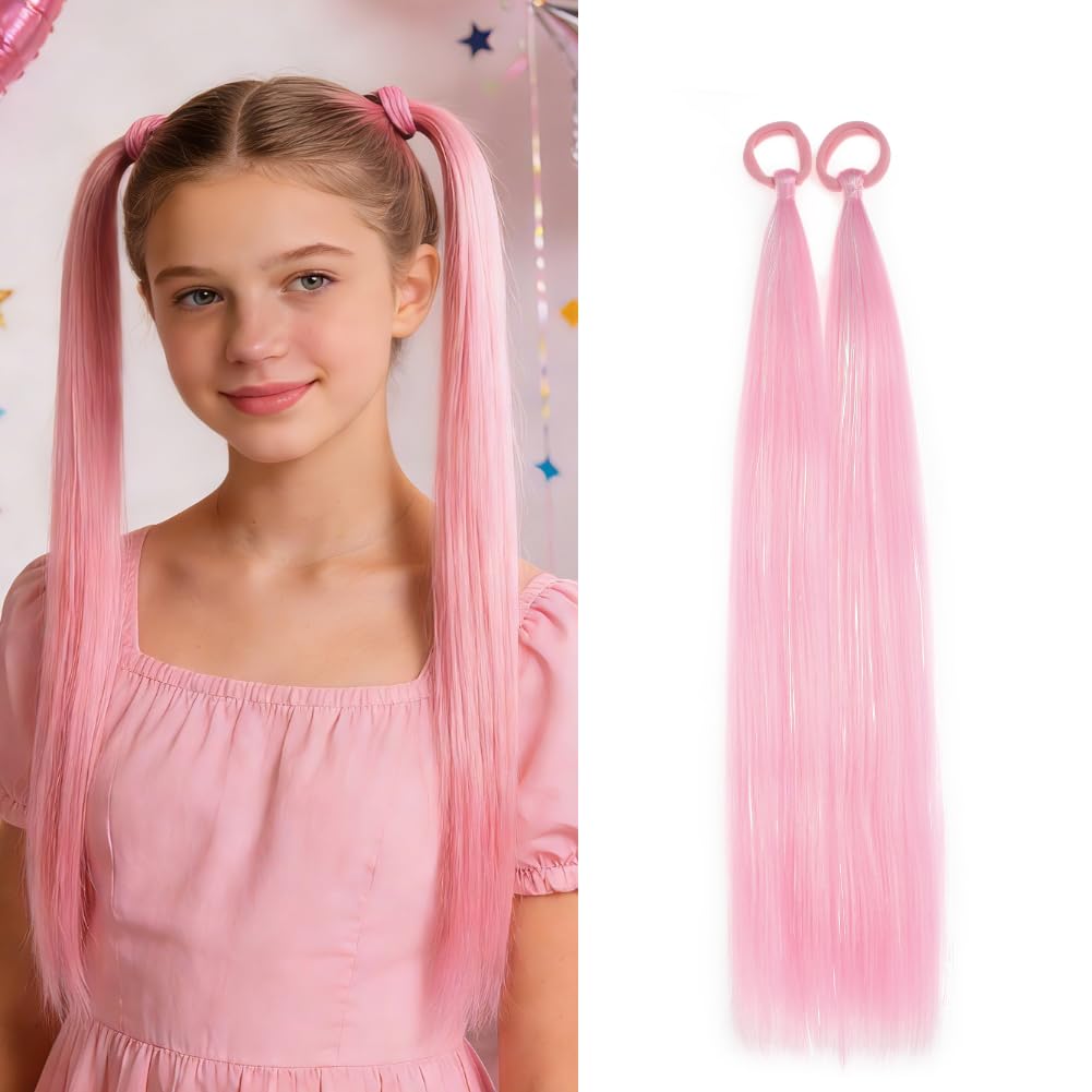 Pink Ponytail Extensions for Girls Women, Tinsel Hair Extension With Rubber Band Daily Party Festival Wacky Halloween Hair Accessories Ponytail Hair