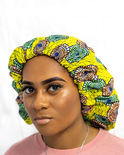 Hair Bonnets for Black Women Curly Kinky Hair Locs and Braids Double Layer Stretch Satin Protective Sleep Cap (Yellow Traditional ( FAJAH))