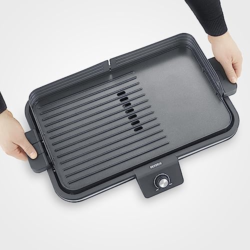 SEVERIN Plancha réglable jusqu'à 230°C, 2 300 W, Plaque de cuisson au revêtement antiadhésif pour viandes, poissons & légumes, Gril électrique avec bac récupérateur de graisse amovible, Noir, PG 8564