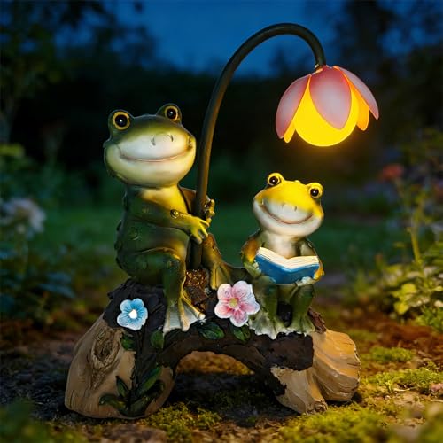 SAMPU CRAFT Solar Powered Frog Garden Statue with Flower Lamp, Resin Frog Figurine Set with Reading Frog, Outdoor Decor for Patio, Lawn, Yard, Unique Gift for Frog and Garden Enthusiasts(Green)