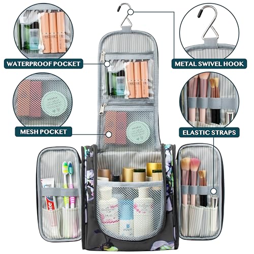 PAVILIA Toiletry Bag Travel Bag for Women Men, Hanging Cosmetic Organizer, Water Resistant Makeup Bag for Accessories Toiletries, Large Travel Essentials Kit (Floral Grey)