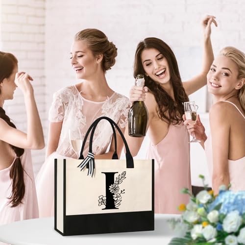 Image of Tecanne Personalized Initial Canvas Tote Bag, Suitable for Birthday, Wedding, Beach, Holiday, Gifts for Women, Mom, Teachers, Nurses, Best Friends, Bridesmaids (I)