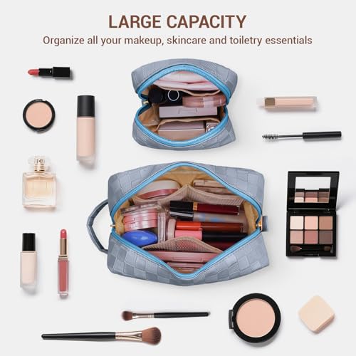 MAGEFY 2Pcs Makeup Bag, Cute Checkered Pouch with Handle, Leather Travel Makeup Pouches for purse Make Up Bag for Cosmetic, Lipstick,Blue Haze2