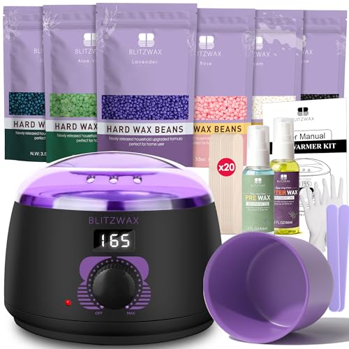 BLITZWAX Brazilian and Bikini Waxing Kit for Women, Hard Wax Warmer for Face, Legs and Body, At Home Hair Removal Kit, Beginner Friendly, Fast Heating, 51 Accessories, 6 Types Wax Bean Formula