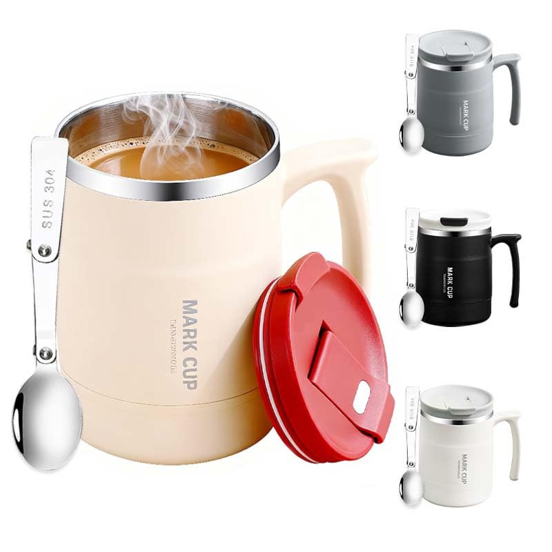 YumLock 500ml Vacuum Insulated Stainless Steel Travel Coffee Mug with Lid and Spoon - Versatile Tea and Coffee Cup for Office and Students (Beige)