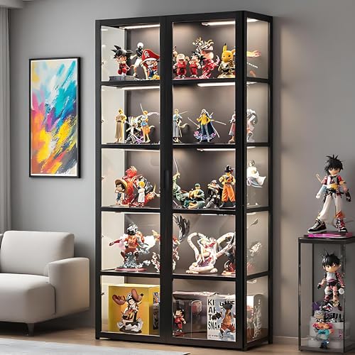 QOEUDD Display Cabinet with Acrylic Glass Door, 5 Tier Curio Display Case, Collectibles Toy Organizers Rack & Display Shelf, Kids Bookcase for Bedroom, Reading Nook, Toddler's Room, Bamboo