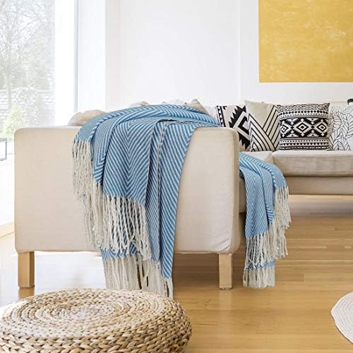 PiccoCasa Decorative Throw Blanket with Fringes in Herringbone Design, Farmhouse Outdoor Faux Cashmere Throws for Sofa, Chair, Bed Knitted Decorative Blanket 130x170cm/ 51"x61" Blue
