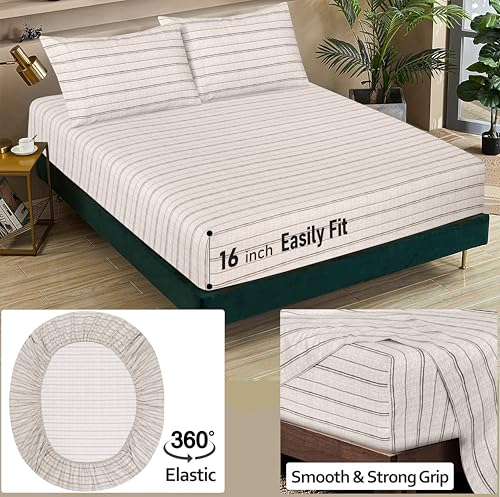 Image of RUVANTI 100% Cotton Percale Sheets Split King Size, Brown Stripes | Crisp Cooling, Deep Pocket 16 inch, Soft Breathable & Durable, Hotel-Style, 5 Piece Set