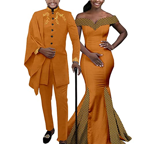 African Couple Matching Clothes for Wedding Women Slim Mermaid Dress Bazin Riche Men Irregular Jacket Pant Sets