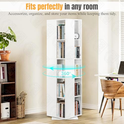 Image of ABOUT SPACE Rotating Book Shelf for Home Library - 5 Tier 360 Book Rack | DIY Wooden Book Stand with Partition & Bottom Turnplate for Office, Livingroom, Bedroom (White - L 38 x B 38 x H 150 cm)