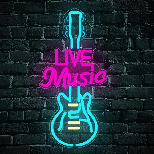 Señal de Neón de Música para la Decoración de Pared, ”Live Music“ LED Regulable con Alimentación USB para Fondo, Decoración de Arte de Guitarra para el Estudio de Música Dormitorio Bar (15.8"*8")