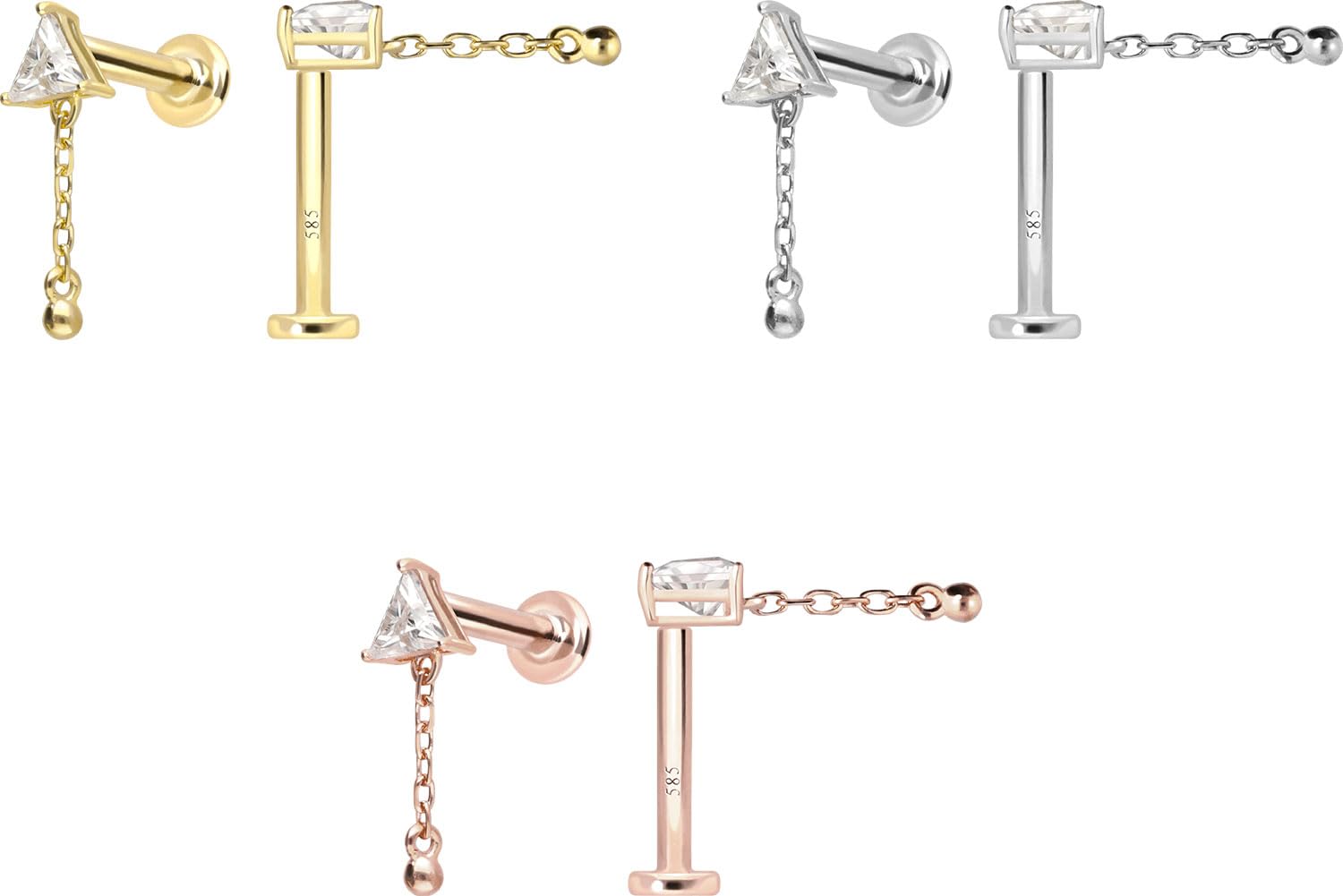 PIERCINGLINE Piercing Stecker 14 Gold Labret mit Innengewinde MOISSANIT-DREIECK + KETTE 585er Gold - Roségoldfarben, Goldfarben, Silberfarben